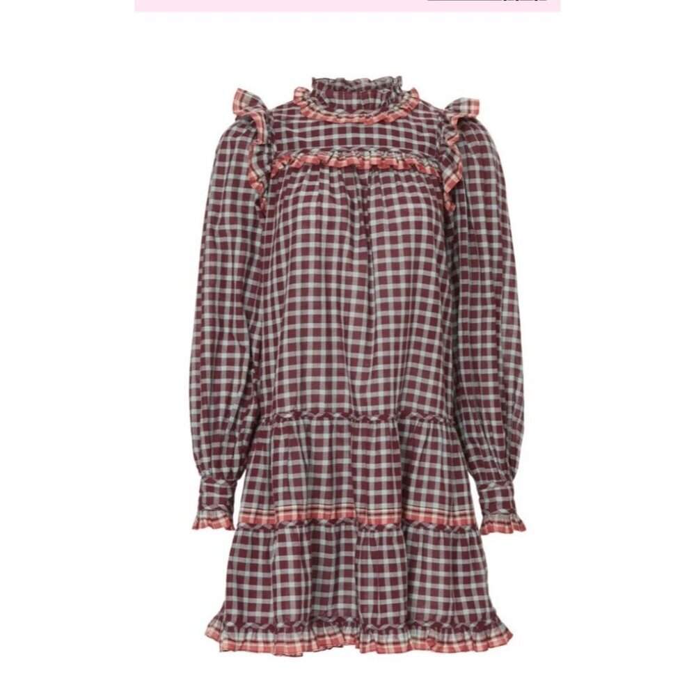 Ulla Johnson Elm Plaid Ruffle Mini Dress Size 8 Burgundy Check Long Sleeve - Picture 2 of 13